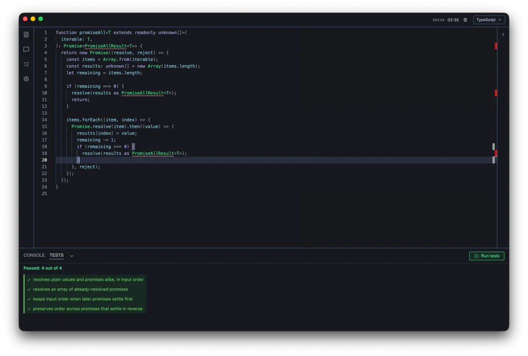 Practice Pad’s Monaco editor showing a TypeScript solution and four passing tests